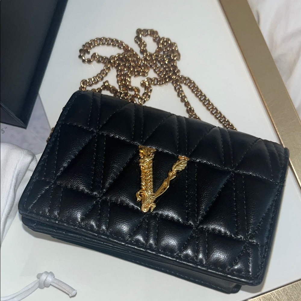 Versace Black Quilted Leather Bag with Gold Chain